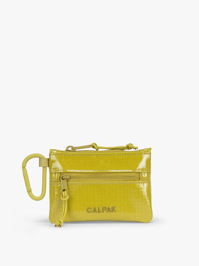 Yellow green Wasabi of CALPAK Terra Clippable Card Pouch with carabiner clip and zipper on a white background; TPC2401-WASABI