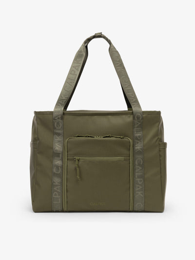 CALPAK Terra 35L Water Resistant Zippered Tote Bag in dark green Matte Pine front view; TTO2401-PINE