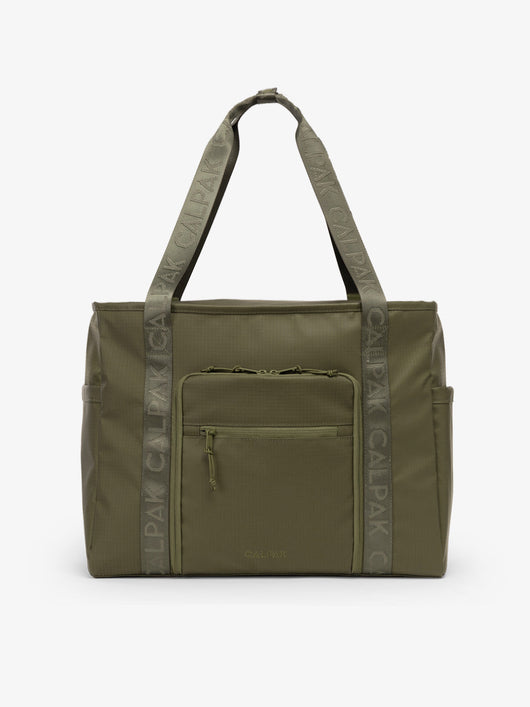 CALPAK Terra 35L Water Resistant Zippered Tote Bag in dark green Matte Pine front view; TTO2401-PINE