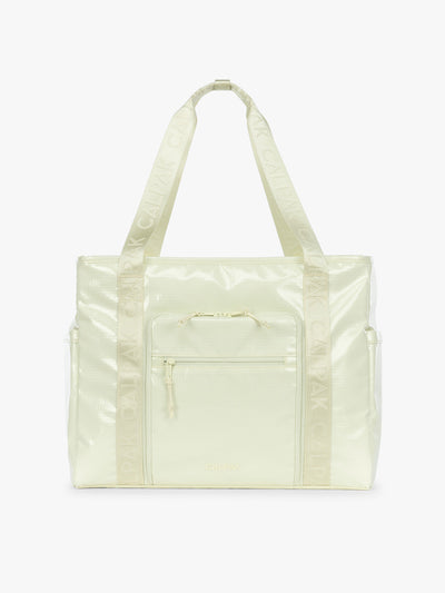 CALPAK Terra 35L Tote Bag with multiple pockets and shoulder straps in shiny light green Celadon on a white background; TTO2401-CELADON