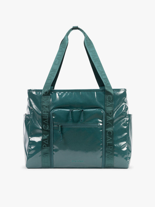 CALPAK Terra 35L Tote Bag with zippers in blue green Kale on a white background; TTO2401-KALE