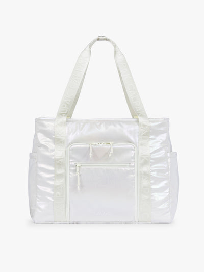 CALPAK Terra 35L Tote Bag with multiple pockets and shoulder straps in shiny white Moonbeam on a white background; TTO2401-MOONBEAM