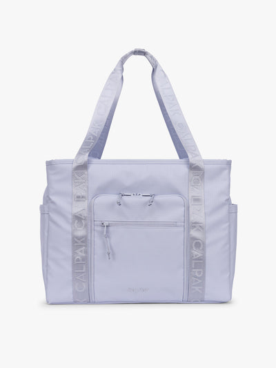 CALPAK Terra 35L Tote Bag with multiple pockets and shoulder straps in shiny light lavender Sea Glass on a white background; TTO2401-SEA-GLASS