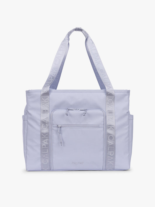 CALPAK Terra 35L Tote Bag with multiple pockets and shoulder straps in shiny light lavender Sea Glass on a white background; TTO2401-SEA-GLASS