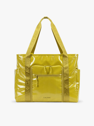 CALPAK Terra 35L Tote Bag with zippers in yellow green Wasabi on a white background; TTO2401-WASABI