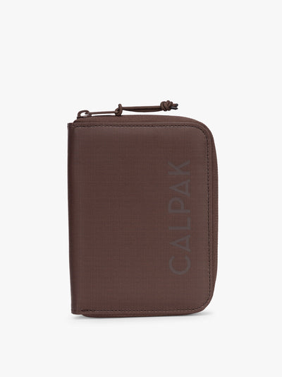 CALPAK Terra Zippered Passport Wallet in brown Walnut front view; ATPW2501-WALNUT