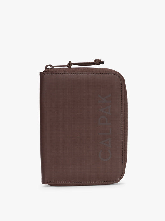 CALPAK Terra Zippered Passport Wallet in brown Walnut front view; ATPW2501-WALNUT