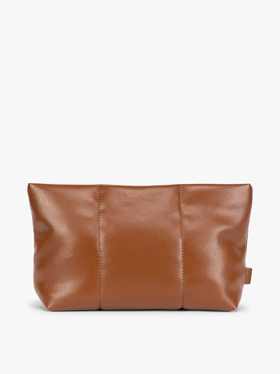 CALPAK light brown Honey Brown vegan leather pouch bag with a structured rectangular shape and vertical stitched panel details, shown against a plain white background; ZLPM2601-HONEY-BROWN-PU