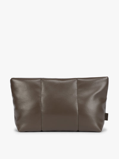 CALPAK dark brown Mushroom vegan leather pouch bag with a structured rectangular shape and vertical stitched panel details, shown against a plain white background; ZLPM2601-MUSHROOM-PU