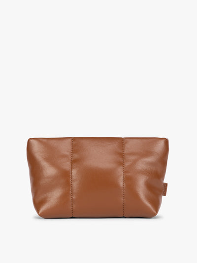  CALPAK Luka 1 quart light brown Honey Brown vegan leather pouch bag with a quilted, padded design and a small brand tag on the right side, shown against a plain white background; ZLPS2601-HONEY-BROWN-PU