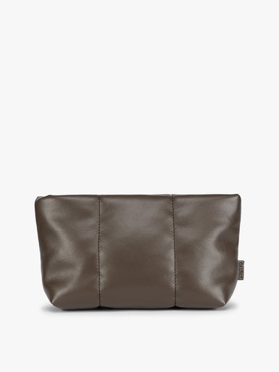  CALPAK Luka 1 quart brown Mushroom vegan leather pouch bag with a quilted, padded design and a small brand tag on the right side, shown against a plain white background; ZLPS2601-MUSHROOM-PU