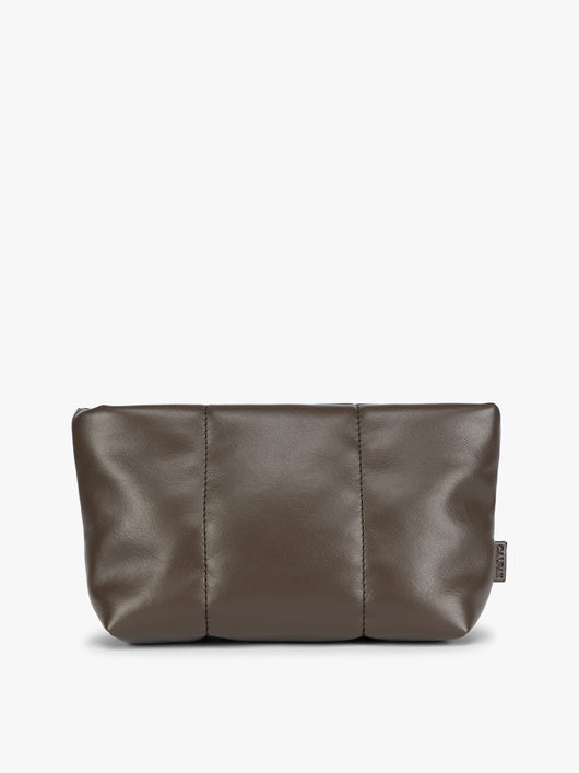  CALPAK Luka 1 quart brown Mushroom vegan leather pouch bag with a quilted, padded design and a small brand tag on the right side, shown against a plain white background; ZLPS2601-MUSHROOM-PU